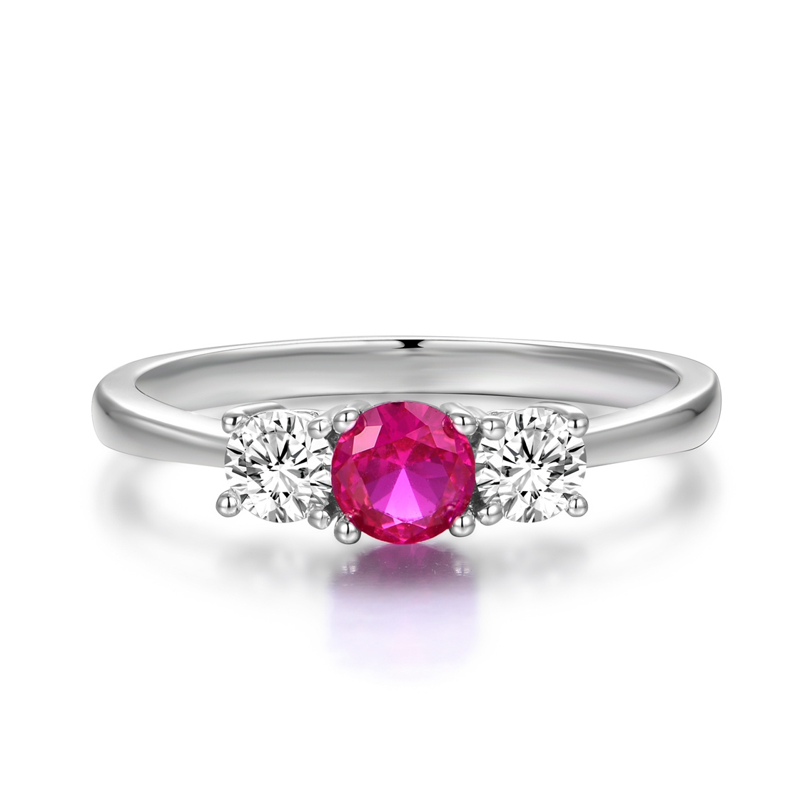 Ladies Sterling Silver Synthetic Ruby & Zircon 3 Stone Ring